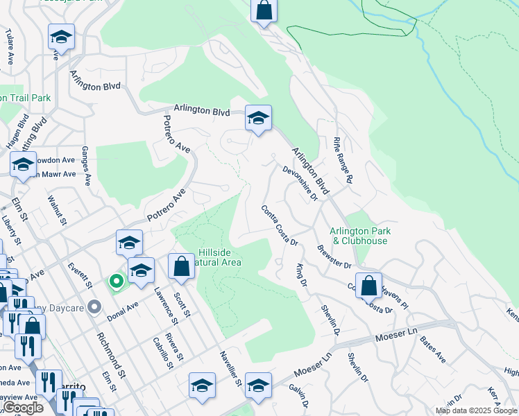map of restaurants, bars, coffee shops, grocery stores, and more near 1335 Contra Costa Drive in El Cerrito
