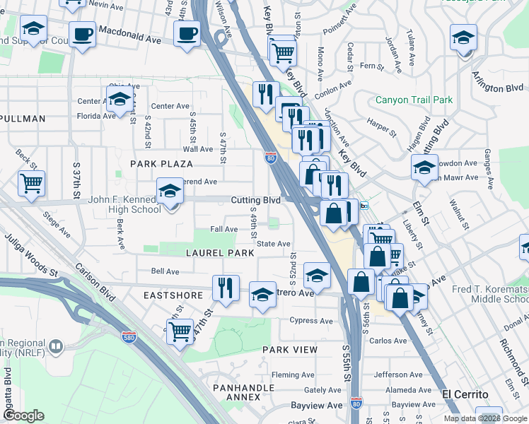 map of restaurants, bars, coffee shops, grocery stores, and more near 521 South 50th Street in Richmond