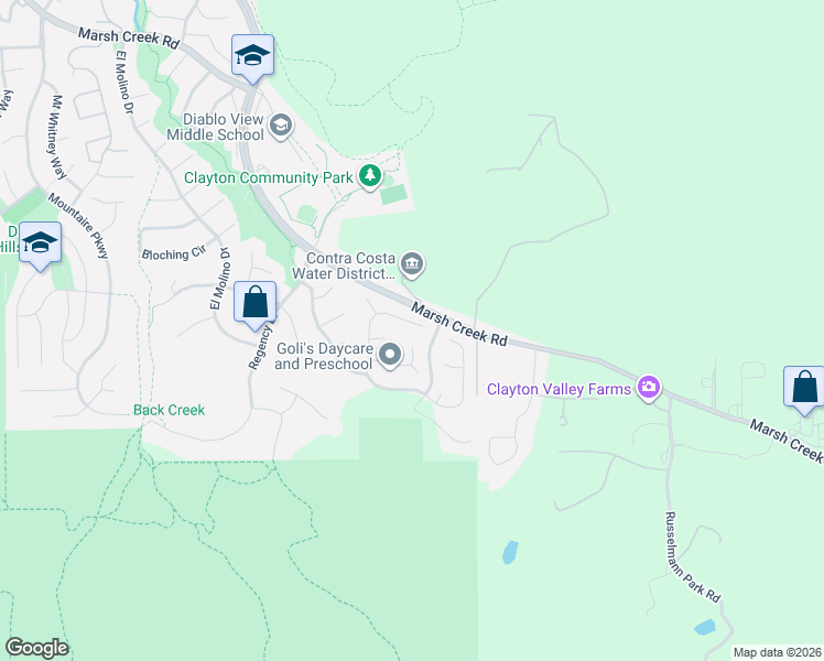 map of restaurants, bars, coffee shops, grocery stores, and more near 258 El Pueblo Place in Clayton