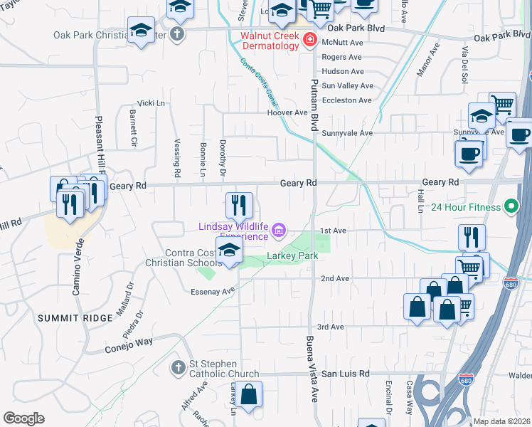 map of restaurants, bars, coffee shops, grocery stores, and more near 464 Coralie Drive in Walnut Creek