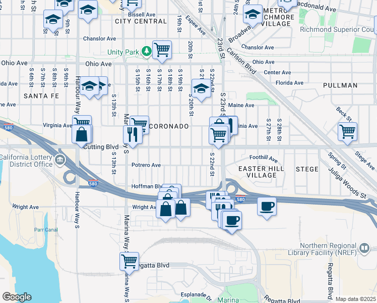 map of restaurants, bars, coffee shops, grocery stores, and more near 535 South 20th Street in Richmond