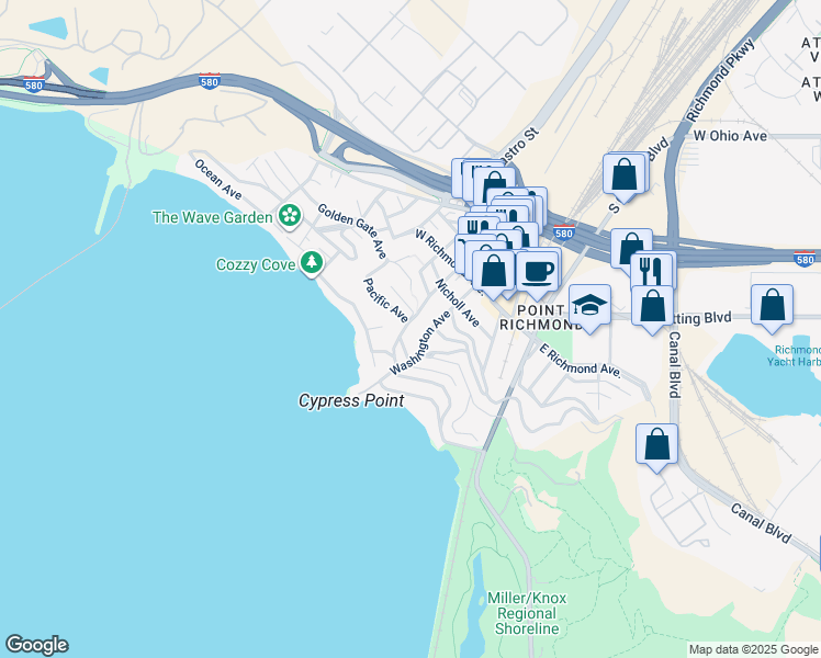 map of restaurants, bars, coffee shops, grocery stores, and more near 421 Washington Avenue in Richmond