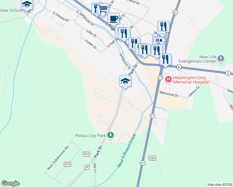 map of restaurants, bars, coffee shops, grocery stores, and more near 10078 Manders Road in Potosi