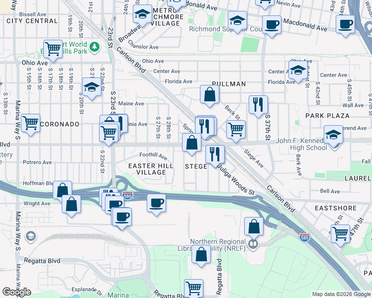 map of restaurants, bars, coffee shops, grocery stores, and more near 2900 Cutting Boulevard in Richmond