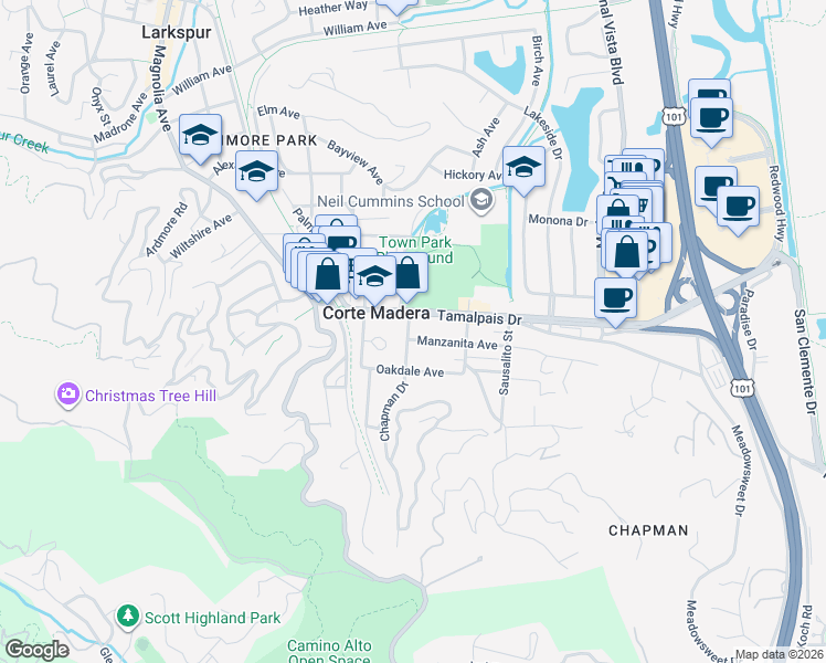 map of restaurants, bars, coffee shops, grocery stores, and more near 401 Manzanita Avenue in Corte Madera