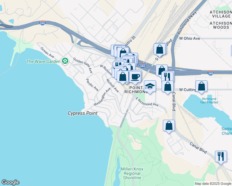 map of restaurants, bars, coffee shops, grocery stores, and more near 54 Scenic Avenue in Richmond
