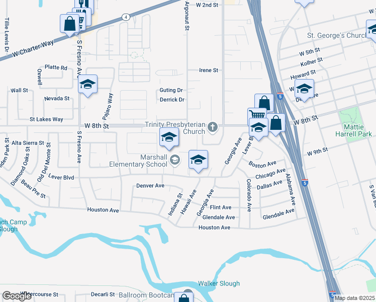 map of restaurants, bars, coffee shops, grocery stores, and more near 1101 Lever Boulevard in Stockton