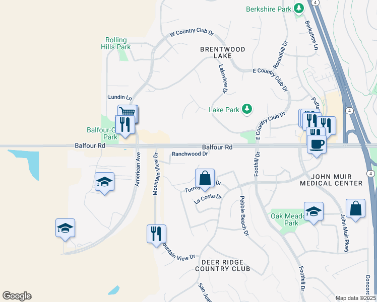 map of restaurants, bars, coffee shops, grocery stores, and more near 2627 Ranchwood Drive in Brentwood