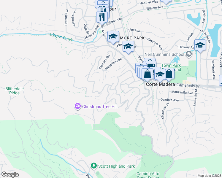 map of restaurants, bars, coffee shops, grocery stores, and more near 74 Summit Drive in Corte Madera
