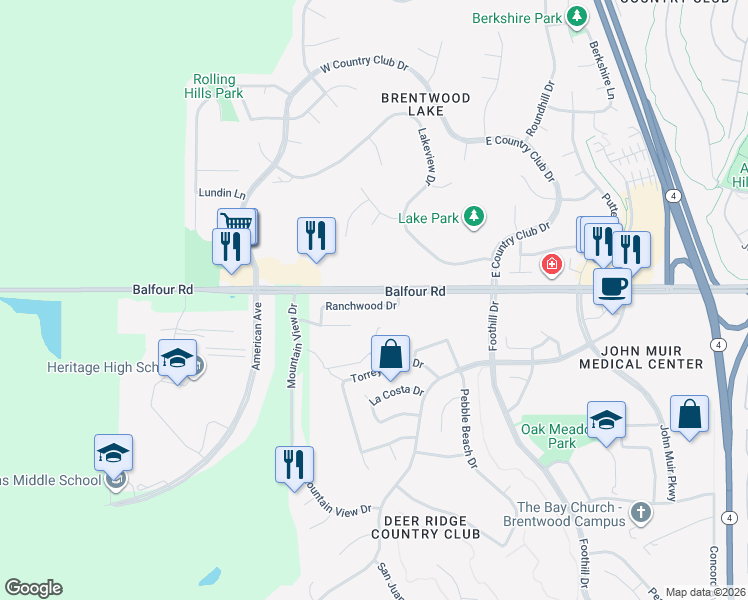 map of restaurants, bars, coffee shops, grocery stores, and more near 2619 Ranchwood Drive in Brentwood
