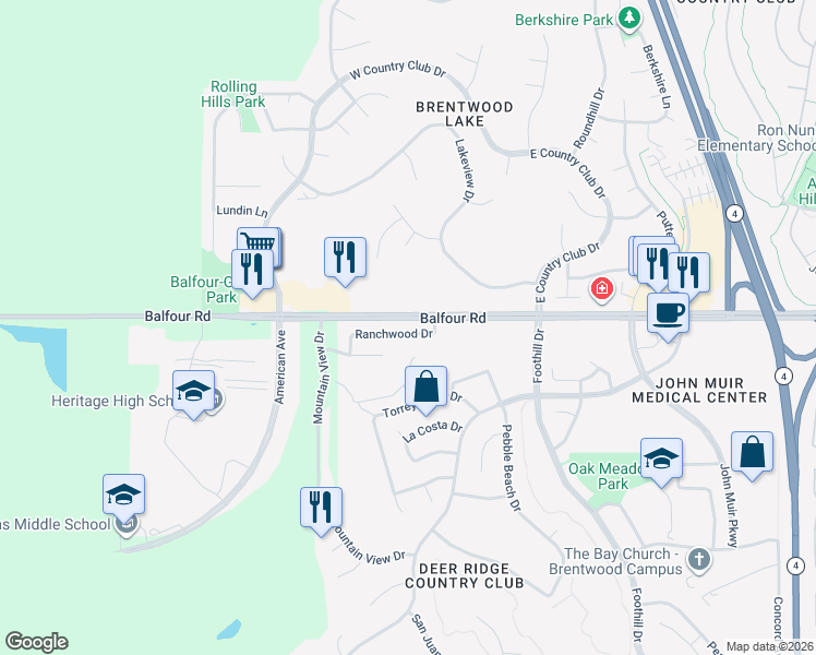 map of restaurants, bars, coffee shops, grocery stores, and more near 2619 Ranchwood Drive in Brentwood