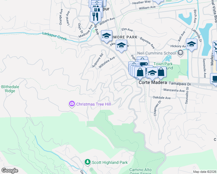 map of restaurants, bars, coffee shops, grocery stores, and more near 1 Summit Drive in Corte Madera