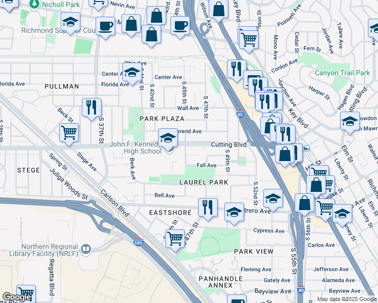 map of restaurants, bars, coffee shops, grocery stores, and more near 4528 Escuela Court in Richmond