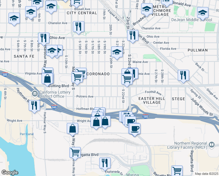 map of restaurants, bars, coffee shops, grocery stores, and more near 501 South 20th Street in Richmond