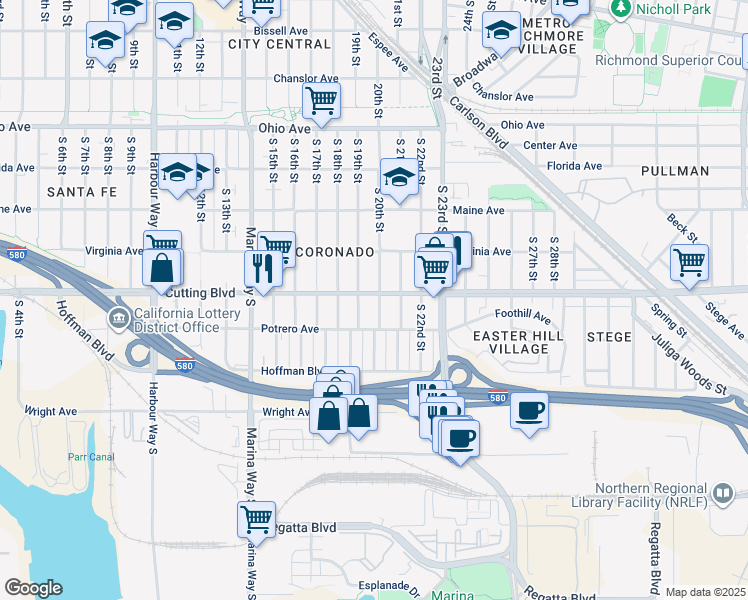 map of restaurants, bars, coffee shops, grocery stores, and more near 501 South 20th Street in Richmond