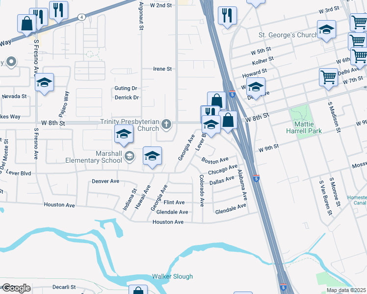 map of restaurants, bars, coffee shops, grocery stores, and more near 2353 Georgia Avenue in Stockton