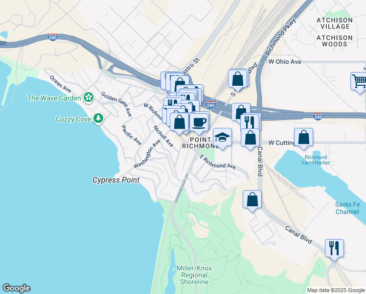 map of restaurants, bars, coffee shops, grocery stores, and more near 215 Tunnel Avenue in Richmond