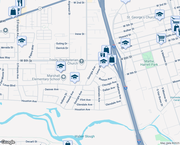 map of restaurants, bars, coffee shops, grocery stores, and more near 2353 Georgia Avenue in Stockton