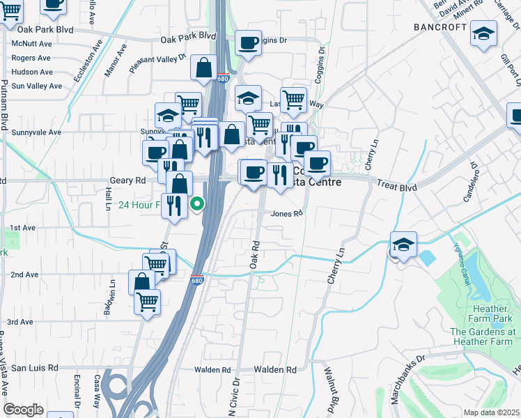 map of restaurants, bars, coffee shops, grocery stores, and more near 2745 Oak Road in Walnut Creek