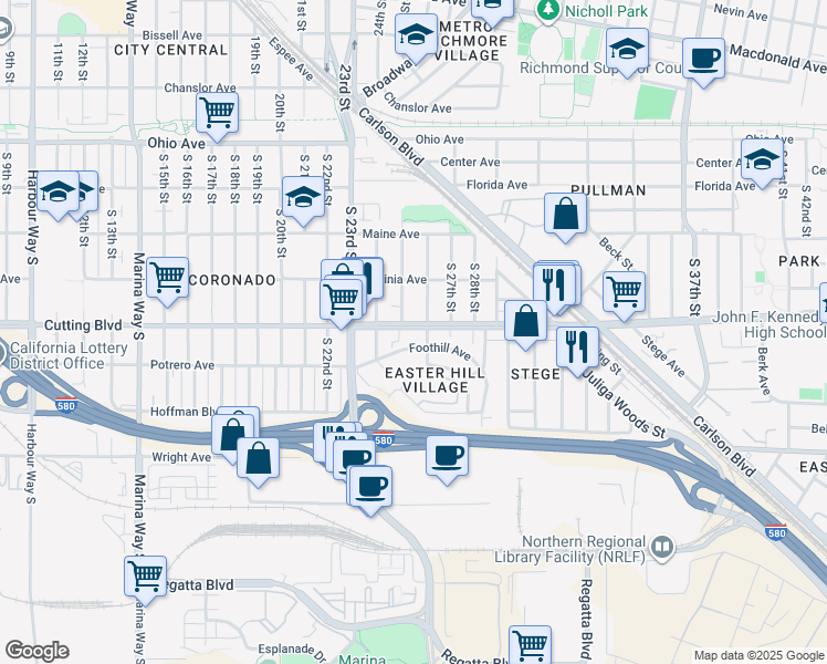 map of restaurants, bars, coffee shops, grocery stores, and more near 2508 Cutting Boulevard in Richmond