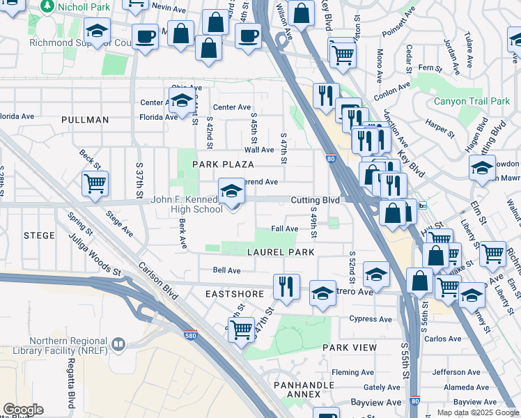 map of restaurants, bars, coffee shops, grocery stores, and more near 4528 Escuela Court in Richmond