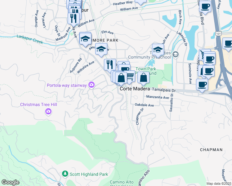 map of restaurants, bars, coffee shops, grocery stores, and more near 430 Redwood Avenue in Corte Madera