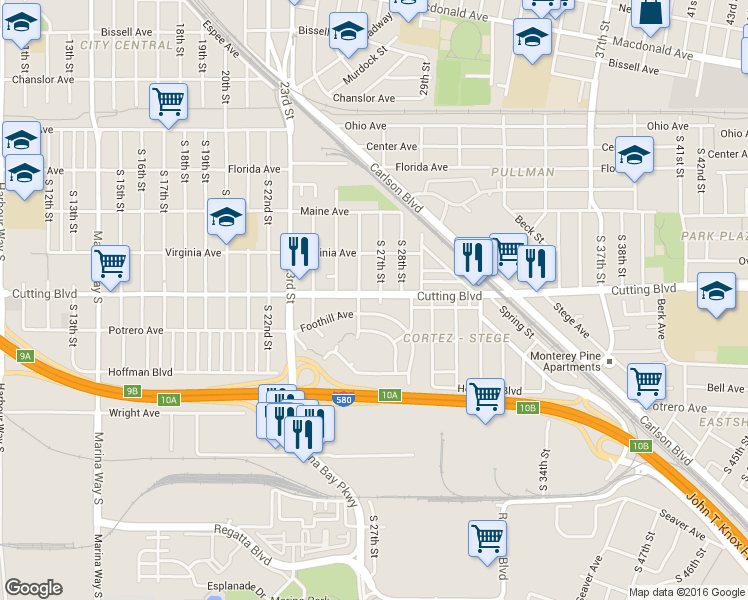 map of restaurants, bars, coffee shops, grocery stores, and more near 2632 Cutting Boulevard in Richmond