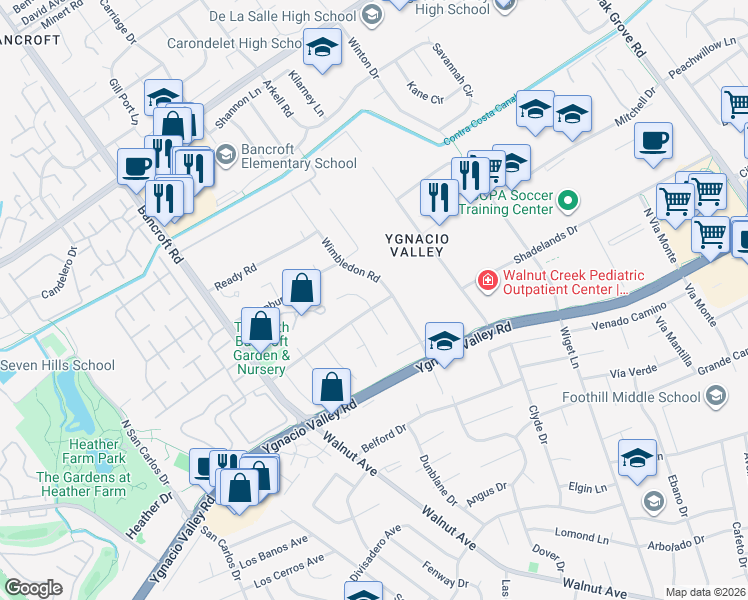 map of restaurants, bars, coffee shops, grocery stores, and more near 2094 Trestle Glen Road in Walnut Creek