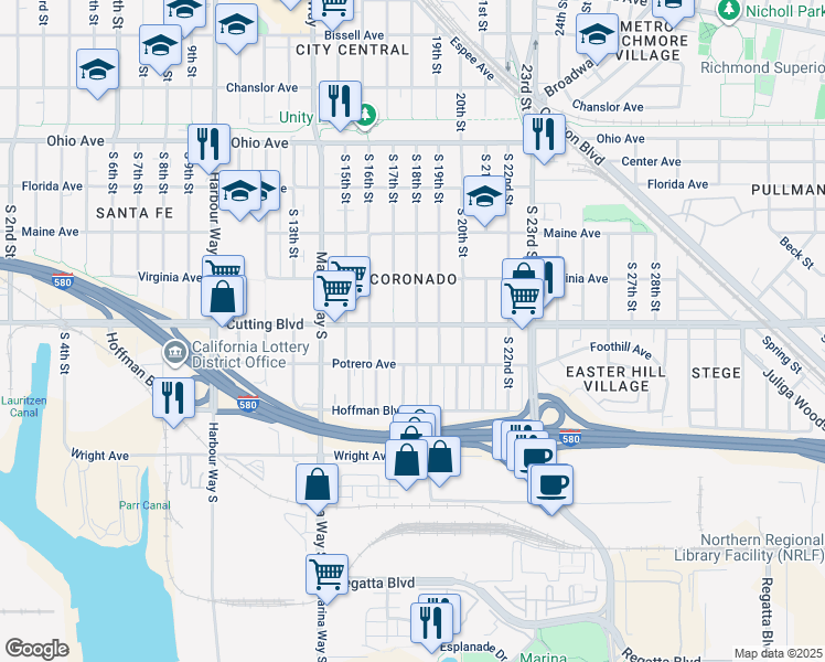 map of restaurants, bars, coffee shops, grocery stores, and more near 503 South 18th Street in Richmond