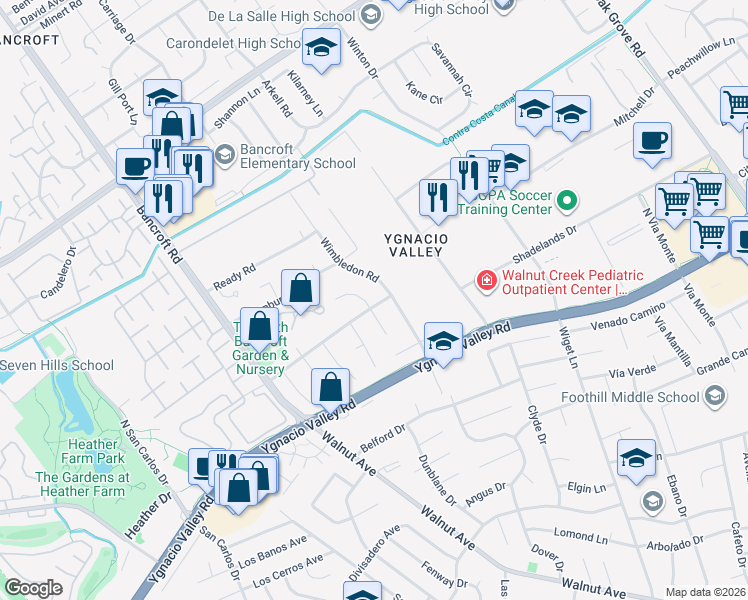 map of restaurants, bars, coffee shops, grocery stores, and more near 2094 Trestle Glen Road in Walnut Creek