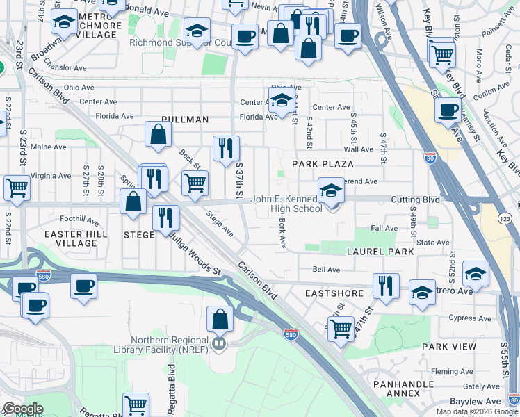 map of restaurants, bars, coffee shops, grocery stores, and more near 206 Berk Place in Richmond