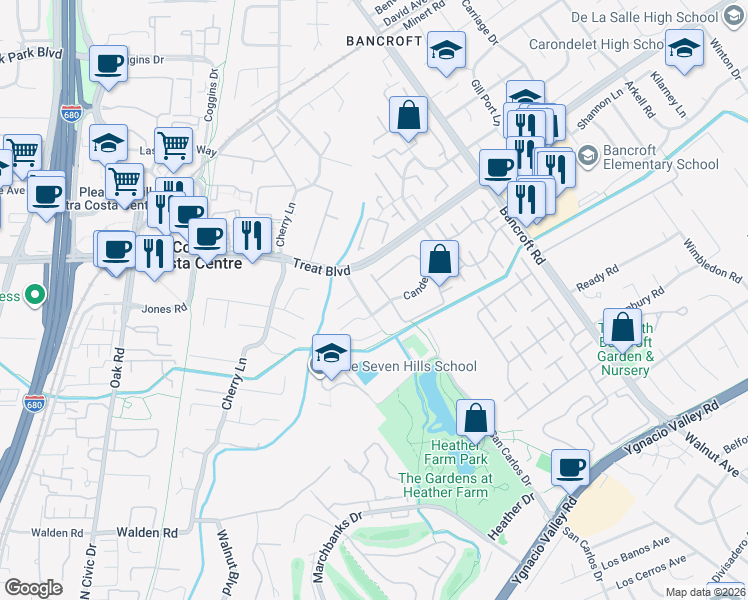 map of restaurants, bars, coffee shops, grocery stores, and more near 1299 Sheppard Court in Walnut Creek