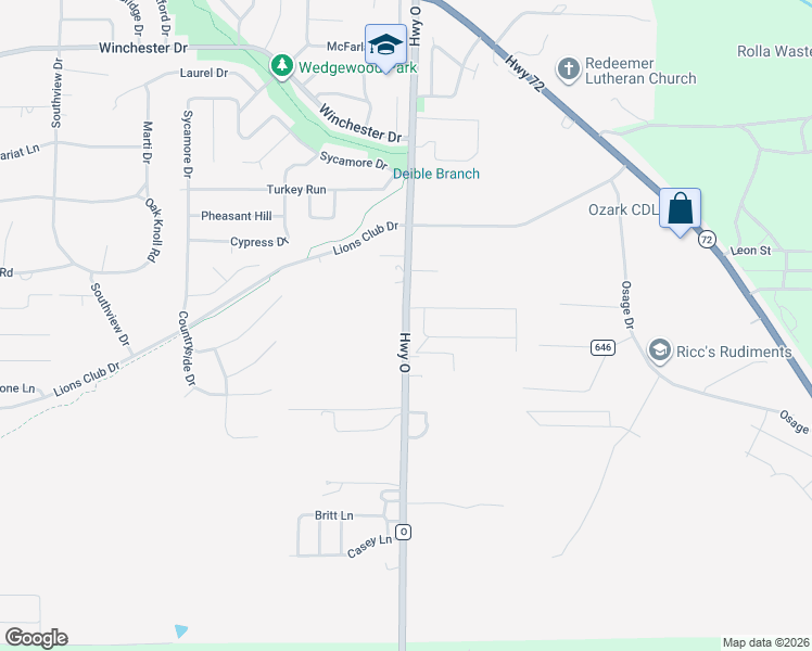 map of restaurants, bars, coffee shops, grocery stores, and more near State Highway O in Rolla