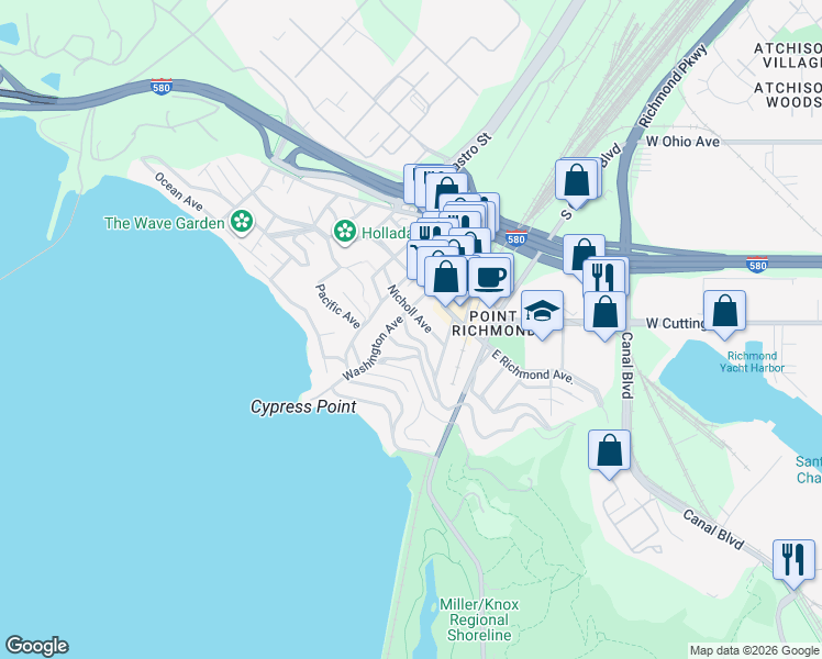 map of restaurants, bars, coffee shops, grocery stores, and more near 54 Scenic Avenue in Richmond