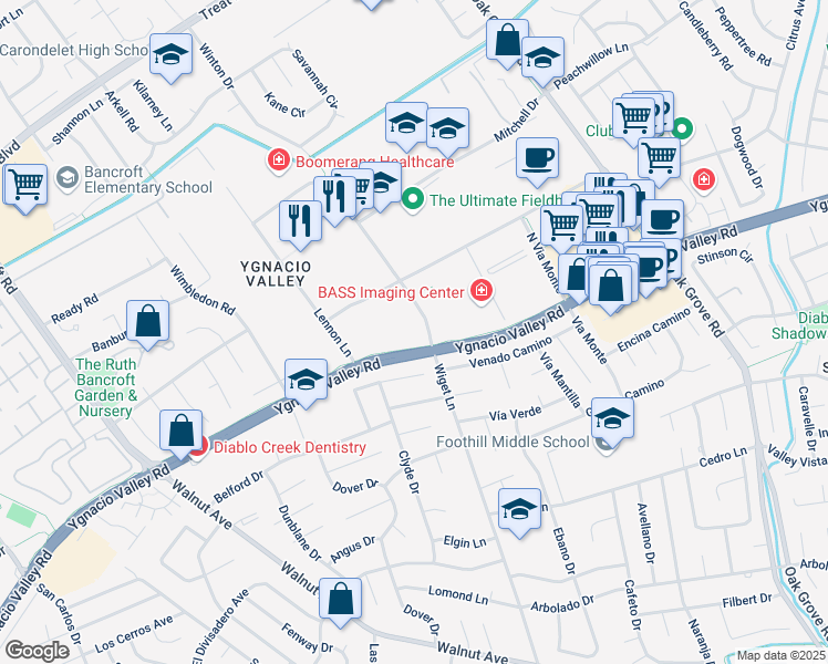 map of restaurants, bars, coffee shops, grocery stores, and more near 111 North Wiget Lane in Walnut Creek