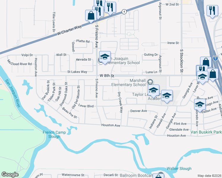 map of restaurants, bars, coffee shops, grocery stores, and more near 2412 Silverado Court in Stockton