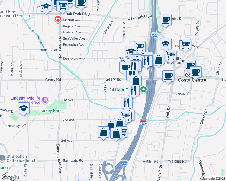 map of restaurants, bars, coffee shops, grocery stores, and more near 71 Gobel Way in Walnut Creek