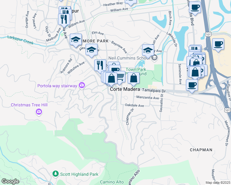 map of restaurants, bars, coffee shops, grocery stores, and more near 296 Corte Madera Avenue in Corte Madera
