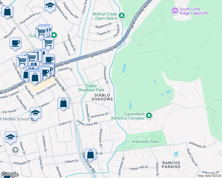 map of restaurants, bars, coffee shops, grocery stores, and more near 264 Firestone Drive in Walnut Creek