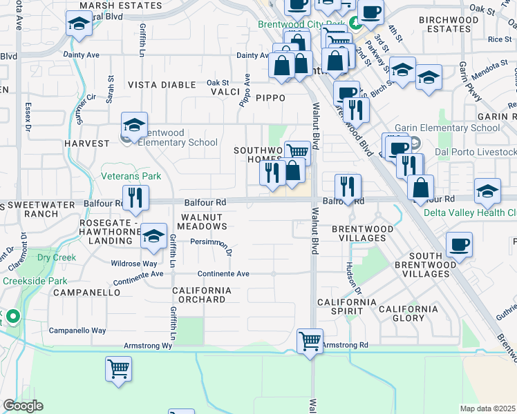map of restaurants, bars, coffee shops, grocery stores, and more near 4340 Balfour Road in Brentwood
