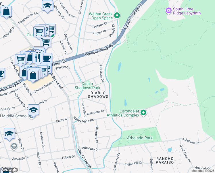 map of restaurants, bars, coffee shops, grocery stores, and more near 264 Firestone Drive in Walnut Creek