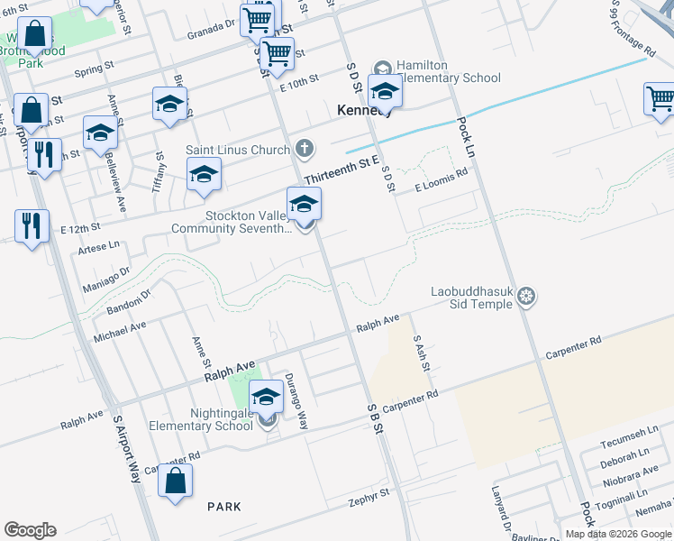 map of restaurants, bars, coffee shops, grocery stores, and more near 3112 South B Street in Stockton
