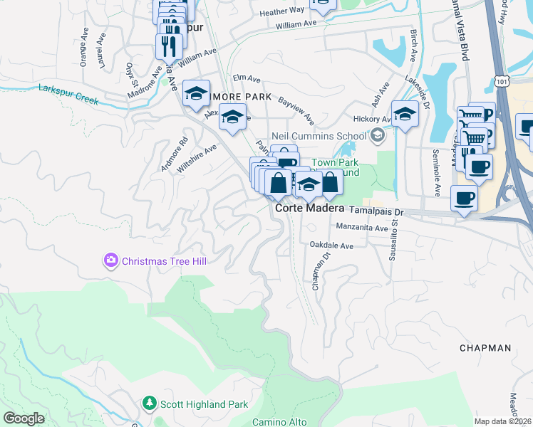 map of restaurants, bars, coffee shops, grocery stores, and more near 430 Redwood Avenue in Corte Madera