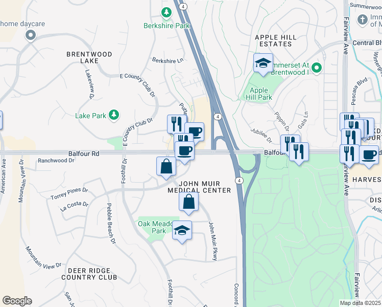 map of restaurants, bars, coffee shops, grocery stores, and more near Balfour Road & Cortona Way in Brentwood