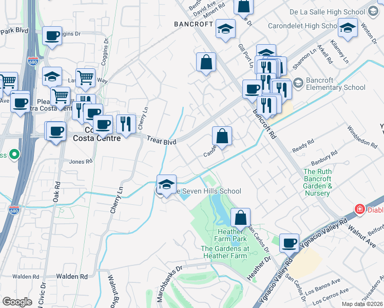 map of restaurants, bars, coffee shops, grocery stores, and more near 1053 Northoak Drive in Walnut Creek