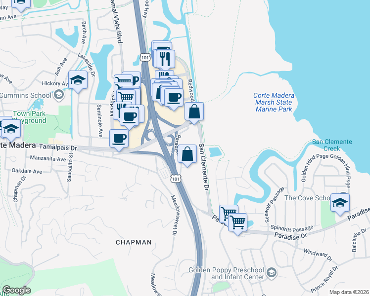 map of restaurants, bars, coffee shops, grocery stores, and more near 5860 Paradise Drive in Corte Madera