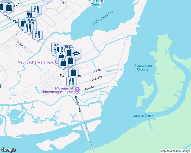map of restaurants, bars, coffee shops, grocery stores, and more near 5357 Cedar Drive in Chincoteague