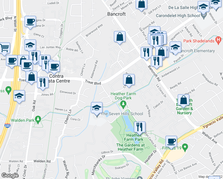 map of restaurants, bars, coffee shops, grocery stores, and more near 1053 Northoak Drive in Walnut Creek