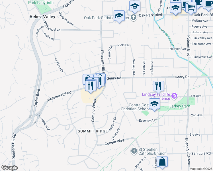 map of restaurants, bars, coffee shops, grocery stores, and more near 2211 Geary Road in Walnut Creek
