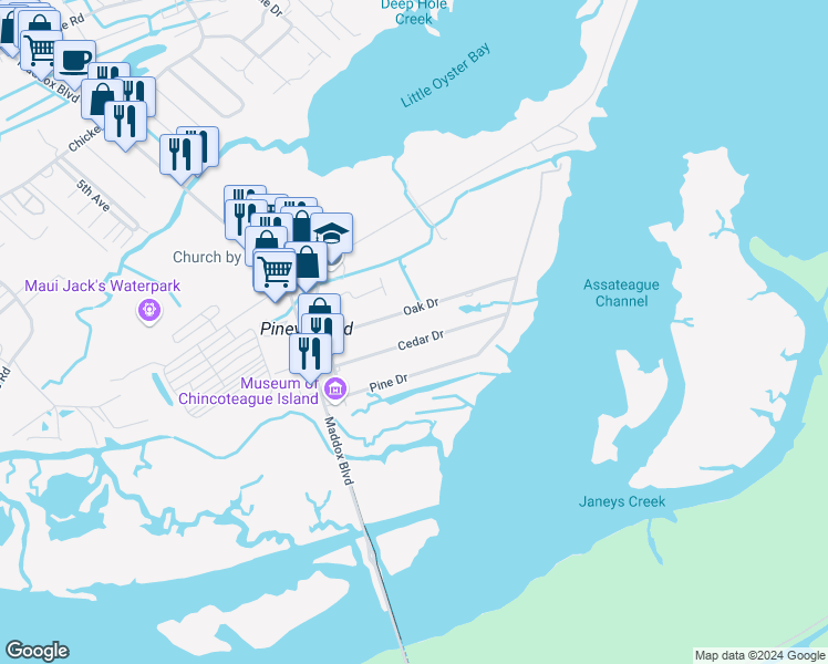 map of restaurants, bars, coffee shops, grocery stores, and more near 5357 Cedar Drive in Chincoteague